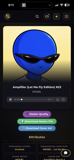 A mobile app interface showing an NFT audio track titled 'Amplifier (Let Me Fly Edition) #23' by NOXÆL, featuring a blue alien-like character with sunglasses as cover art and buttons for 'Master Quality', 'Download Master File', and 'Download Cover Art'.
