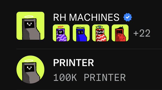 Digital NFT profile showing 'RH MACHINES' collection with verified badge and 26 items visible, featuring a 'PRINTER' item valued at '100K PRINTER'.