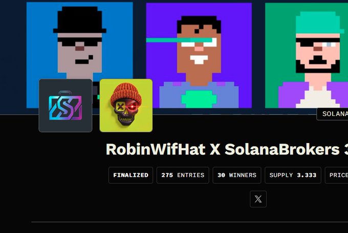 The image showcases a digital artwork titled "RobinWifHat X SolanaBrokers 333," featuring pixelated character portraits in three different colored panels (blue, purple, and teal), alongside logo icons for the collaboration, with details showing 275 entries, 30 winners, and a supply of 3,333 NFTs. It visually represents the free mint collaboration between RobinWifHat and SolanaBrokers, as highlighted by the accompanying post celebrating the partnership and giveaway.