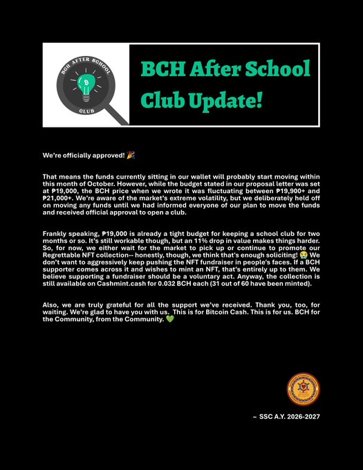 An announcement graphic titled 'BCH After School Club Update!' announces official approval of a school club, thanking supporters for raising 19,000+ in Bitcoin Cash funds.