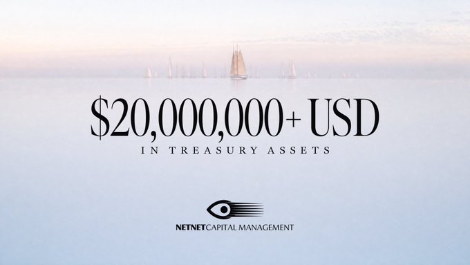 A promotional graphic showing '$20,000,000+ USD IN TREASURY ASSETS' overlaid on a misty seascape with sailboats, featuring the NETNET CAPITAL MANAGEMENT logo.