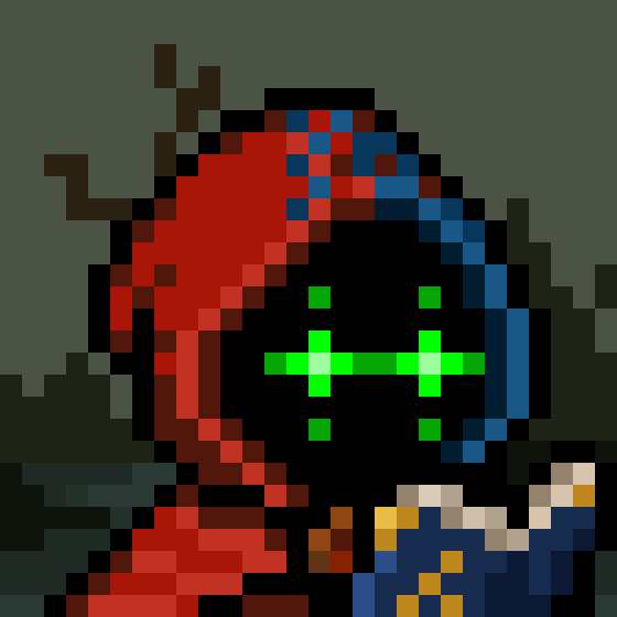 A low-resolution pixel art portrait of a dark-skinned character with dreadlocks or twisting hair, featuring glowing green eyes and a red and blue color palette against a dark green background.