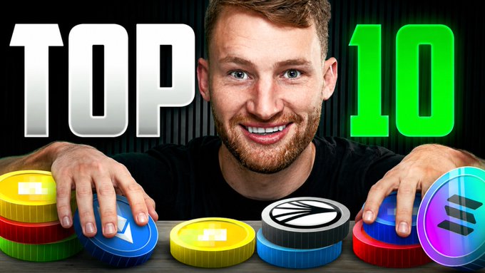 A YouTube thumbnail featuring a smiling man surrounded by large cryptocurrency coin icons, with bold text reading "TOP 10" in white and green.