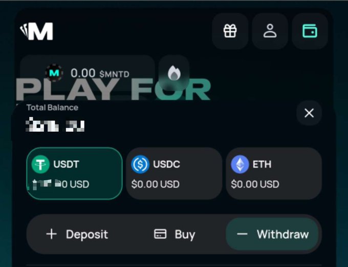 A digital wallet interface shows a balance of 0.00 $MNTD with options for USDT, USDC, and ETH, overlaid with 'PLAY FOR' text.