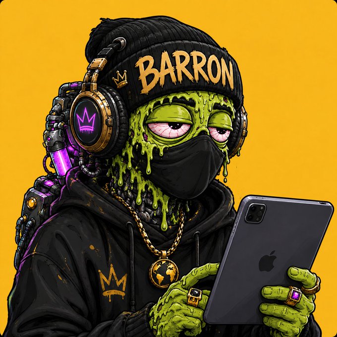 A cartoon illustration of a green-skinned zombie-like character wearing a black beanie labeled 'BARRON' with headphones and holding a smartphone against a yellow background.