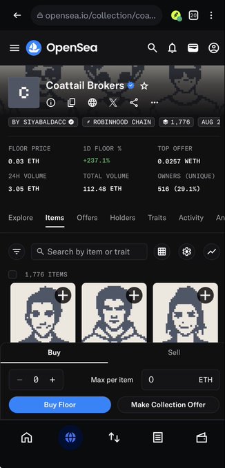 A mobile screenshot of the OpenSea NFT marketplace showing the 'Coattail Brokers' collection by SIYABALDACC on the Robinhood Chain, with a floor price of 0.03 ETH, 24h volume of 3.05 ETH, and 1,776 items listed.