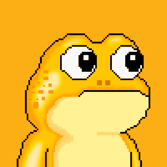 A pixel art illustration of a surprised-looking orange frog character with large white eyes against an orange background.