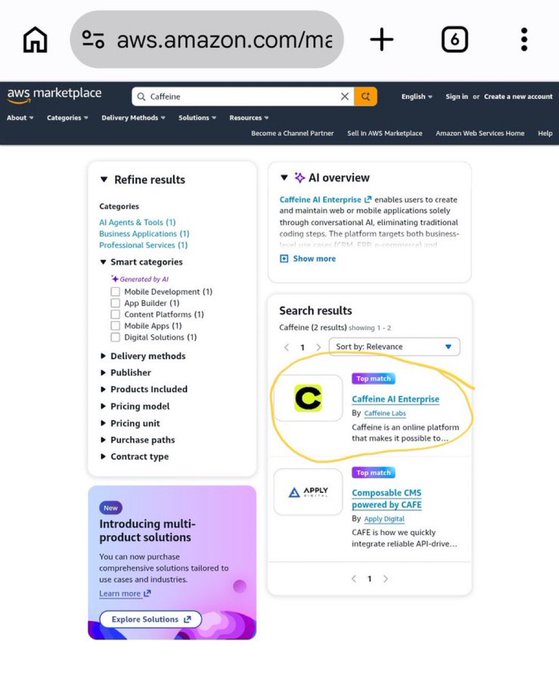 A screenshot of the AWS Marketplace search results for "Caffeine," showing "Caffeine AI Enterprise" listed as a top match and a sponsored entry for "Composable CMS powered by CAFE." The image visually confirms the announcement that Caffeine AI Enterprise is now available on AWS Marketplace.