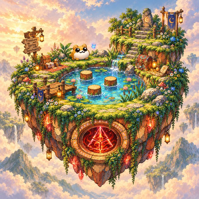 A fantasy digital illustration of a floating island featuring a 'Treasure Spring Sanctuary' sign, a cute round creature, a lily pond, treasure chests, and a glowing red symbol on the cliff face below.