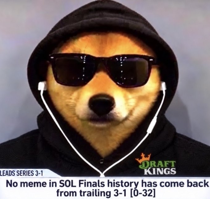 A DraftKings meme featuring a dog in a hoodie and sunglasses with earbuds, captioned 'LEADS SERIES 3-1' and 'No meme in SOL Finals history has come back from trailing 3-1 [0-32]'.