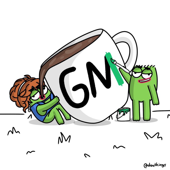 Two cartoon green characters—a girl with orange hair straining under the weight of an oversized coffee mug, and a boy cheerfully painting the letter "M" green—collaborate to form the letters "GM" on the mug, matching the post's cheerful "GM Happy Sunday" message.