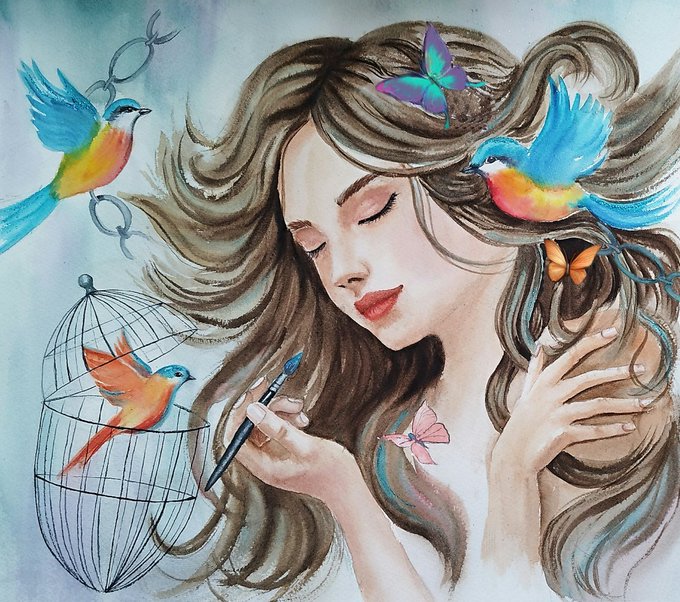 A whimsical watercolor illustration of a serene woman with flowing hair surrounded by colorful birds, butterflies, and a caged bird, holding a pen—evoking the creative expression the post encourages as a meaningful good morning greeting.
