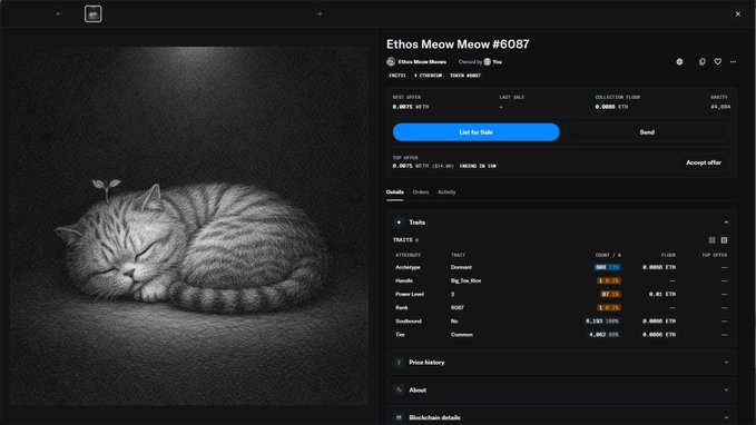 An NFT listing page for "Ethos Meow Meow #6087" from the Ethos Meow Meows collection, owned by dmw, with a best offer of 0.0895 ETH and floor price of 0.0888 ETH.