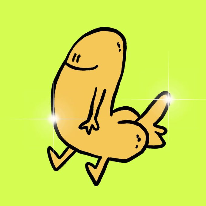 Cartoon illustration on a bright green background showing a smiling potato-like figure running while carrying a smaller bird-like creature.