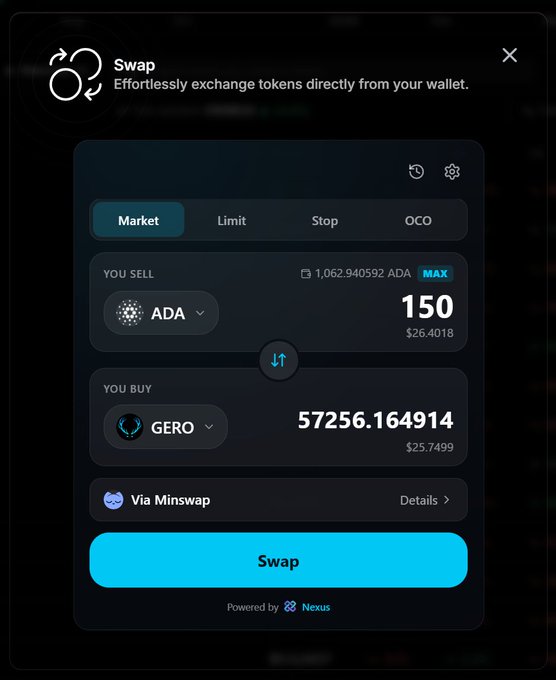 A cryptocurrency swap interface showing an exchange of 150 ADA ($26.4018) for 57256.164914 GERO ($25.7499) via Minswap, powered by Nexus.