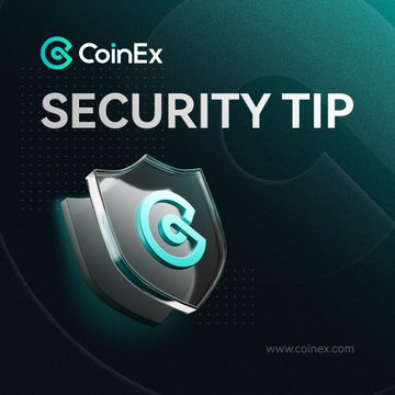 A CoinEx security tip graphic featuring a teal shield with a stylized 'C' logo on a dark green dotted background, with 'SECURITY TIP' text and the website www.coinex.com.