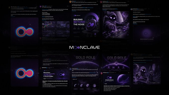 Collage of social media posts and promotional graphics for "MOONCLAVE" and "moonclave", featuring purple-themed artwork, text about "BUILDING BEYOND THE NOISE" and "A Growth Engine", along with infographic posters titled "GOLD ROLE".