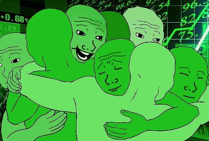 A group of green-colored, bald humanoid figures with various facial expressions embracing each other, set against a background of stock market charts and percentages.