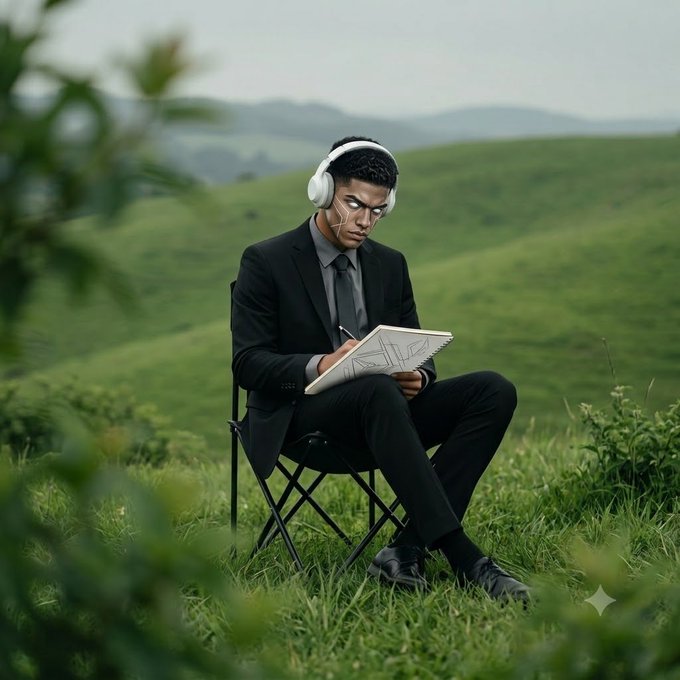 A man in a black suit and white headphones sits on a folding chair in a grassy green field, sketching in a notepad.
