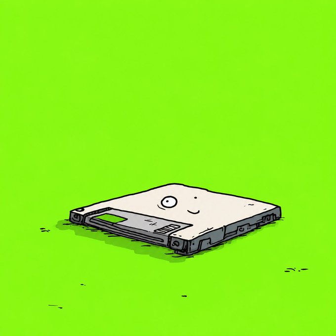 A stylized digital drawing of a worn, floppy disk-like object with a small smiling face on it, lying on a bright green surface.