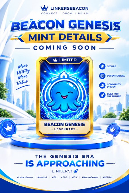 A promotional poster for 'LinkersBeacon' NFT project announcing the 'Beacon Genesis Mint Details Coming Soon,' featuring a blue octopus mascot character as a legendary mint item.
