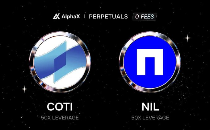 A promotional graphic for 'AlphaX | PERPETUALS' with '0 FEES' displays two coins labeled 'COTI' and 'NIL', both offering '50X LEVERAGE'.