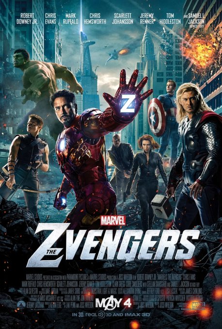 A parody movie poster titled 'The Zvengers' features characters like Iron Man, Captain America, Thor, and the Hulk in an action scene, with a 'Z' on the repulsor hand instead of an arc reactor.