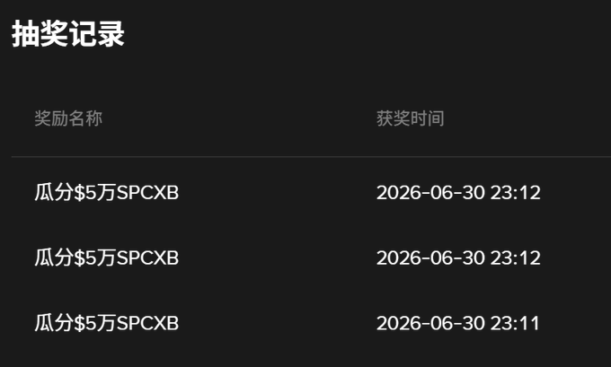 A dark-themed lottery record page titled '抽奖记录' showing three entries for '瓜分$5万SPCXB' prizes won on 2026-06-30.