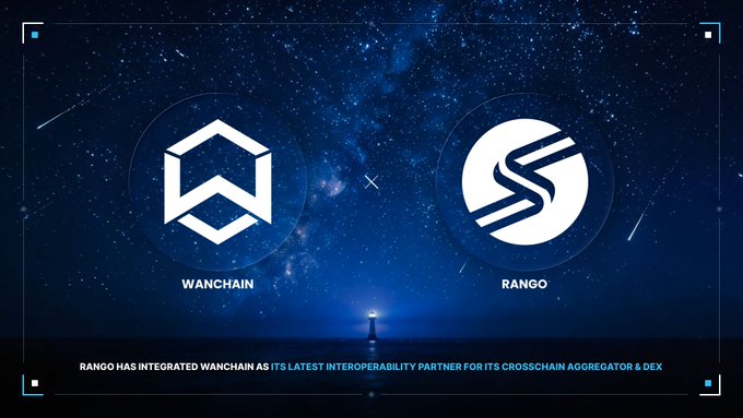 A promotional graphic with a starry night background featuring the logos of Wanchain and Rango side by side, with text announcing "Rango has integrated Wanchain as its latest interoperability partner for its crosschain aggregator & DEX," visually reinforcing the tweet's news about the new crosschain partnership.