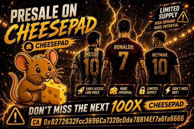 The image features a poster for a sale of cheeseepad jerseys, with four soccer players wearing their jerseys standing next to each other. The poster also includes a mouse holding a piece of cheese as part of its design. The text on the poster reads "Presale On Cheesepad", and it mentions that the sale is limited supply, which means there are only a few items available for purchase. Additionally, the post says "Don't miss the next 100x CHEESEPAD CAX".
