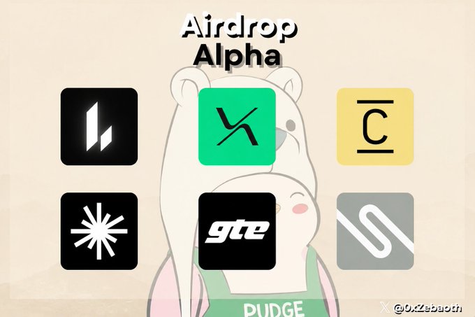 An Airdrop Alpha graphic featuring cartoon bear characters surrounded by cryptocurrency app icons including a green X logo, IC, GTE, and others.