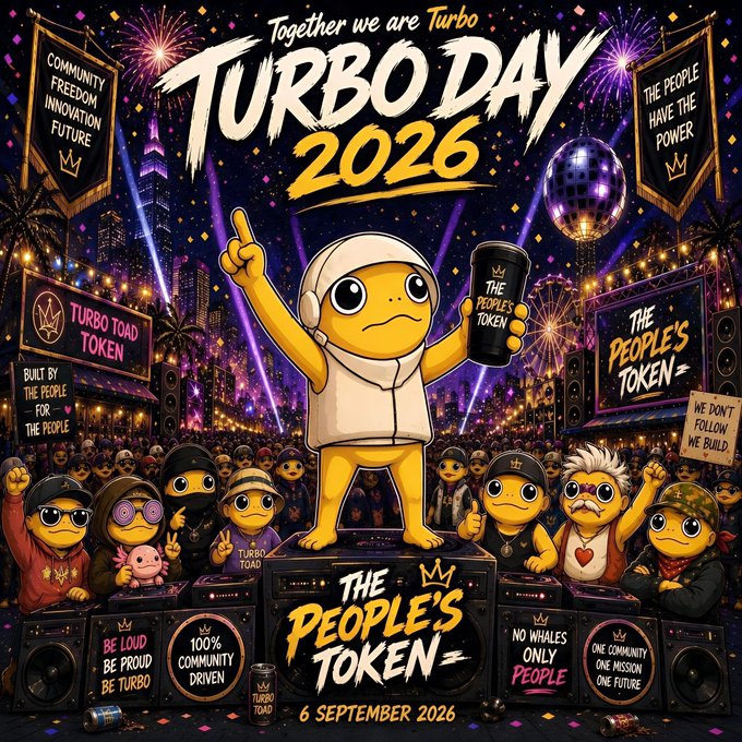 A vibrant promotional poster for 'TURBO DAY 2026' dated 6 September 2026, featuring a cartoon toad character in a hoodie surrounded by a crowd, with text including 'THE PEOPLE'S TOKEN', 'COMMUNITY FREEDOM INNOVATION FUTURE', and 'WE DON'T FOLLOW WE BUILD'.