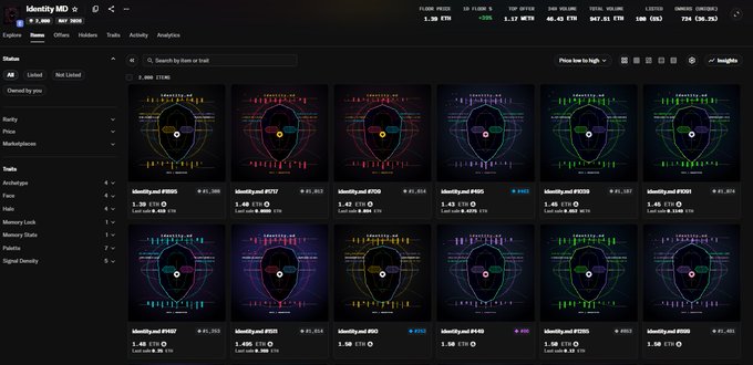 A Blur dashboard displays the "Identity MD" collection with a 5.20 ETH floor price, 48.43 ETH total volume, and rankings of top tokens (e.g., #1 at 1.50 ETH, #2 at 1.40 ETH). The image illustrates the collection's market standing, aligning with the post's claim of a successful mint that reached 1 ETH.