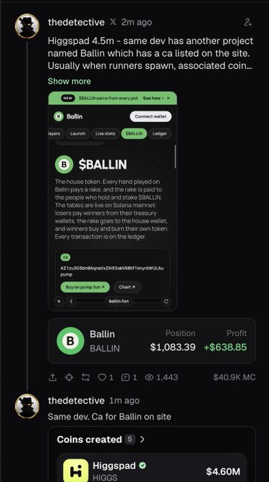 A Reddit screenshot showing user "thedetective" pointing out that the $BALLIN token is created by the same developer as the $HIGGS token, displaying a $40.9M market cap and $1,083.39 position with +$638.85 profit. The post exemplifies detective work in exposing serial rug-pull developers, which aligns with the caption's theme of identifying worthless "DOGSHIT" crypto narratives to avoid.