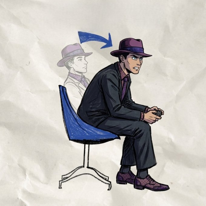 Illustration of a man in a dark suit and purple hat sitting on a blue chair holding a device, with a faded outline and arrow showing a previous state.