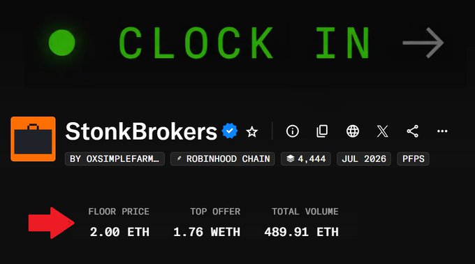 A screenshot of a digital marketplace displaying a listing for 'StonkBrokers' by 0xsimplefarm, showing a floor price of 2.00 ETH, top offer of 1.76 WETH, and total volume of 489.91 ETH on the Robinhood Chain.