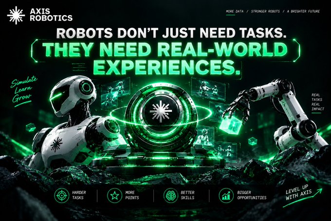 A promotional graphic for Axis Robotics with the tagline 'Robots Don't Just Need Tasks. They Need Real-World Experiences' featuring futuristic robots and a glowing logo.