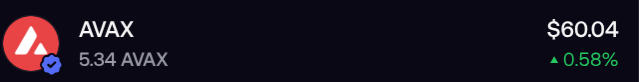 A cryptocurrency ticker displaying AVAX at $60.04 with a 0.58% increase, showing a holding of 5.34 AVAX next to the Avalanche logo.