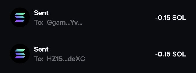 The image shows two Solana transaction records displaying "Sent" status, each showing "-0.15 SOL" sent to addresses "Ggam...Yv..." and "HZ15...deXC", illustrating the poster's distribution of small SOL amounts to followers who engaged with the giveaway post.