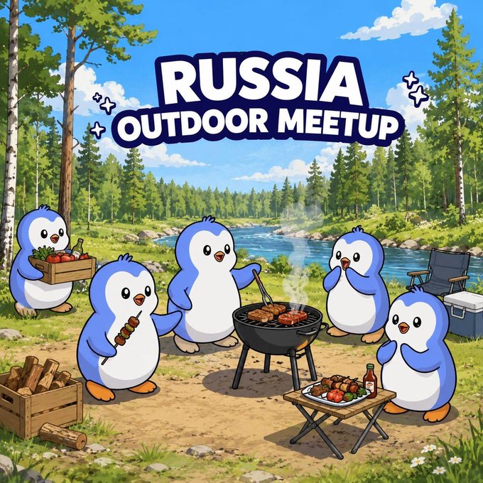 A cartoon illustration titled 'RUSSIA OUTDOOR MEETUP' depicts cute blue and white penguin characters having a barbecue near a river in a forest setting.