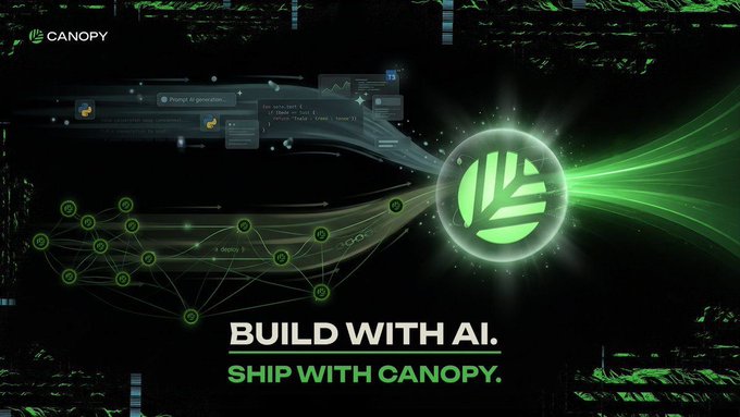 A promotional banner for Canopy with a dark green tech aesthetic, featuring the text 'BUILD WITH AI. SHIP WITH CANOPY.' alongside a glowing green leaf logo and interface elements.