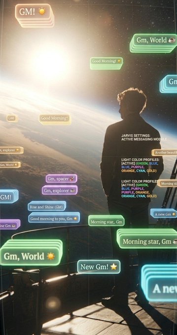 A cinematic scene of a silhouetted figure looking out over Earth from space, overlaid with chat bubbles containing greetings like 'Good Morning', 'Gm, World', and 'Morning star'.