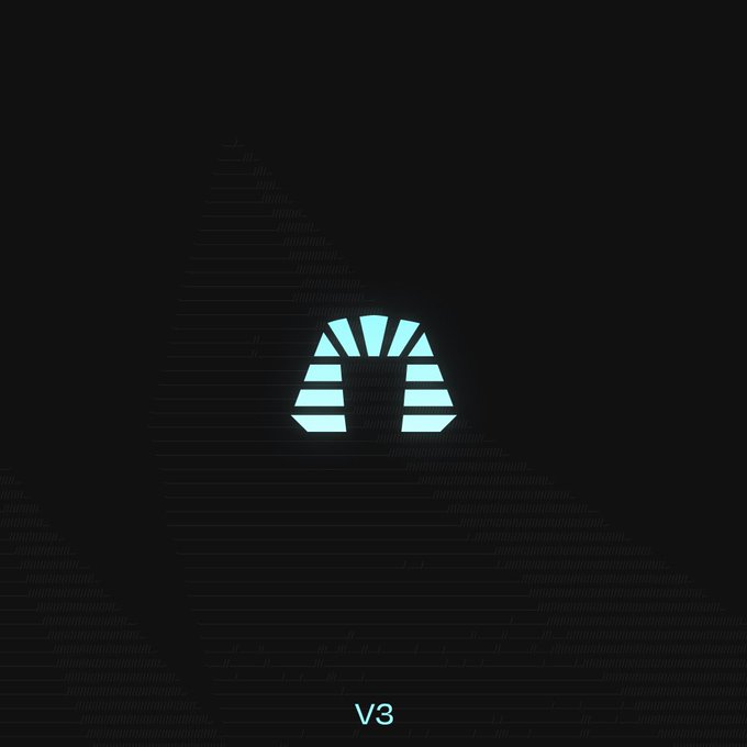 The image features an abstract logo with a large blue arrow pointing down from its top center towards the bottom right corner of the frame. The background appears to be a black screen with geometric lines and patterns present at different angles, which are the key components in creating this design. Above the logo, there is text that reads "V3: Ramses deployed in March of '2023 as a Solidly-style ve(3,3) DEX. What happened over the next 3 years defined the future of the model". This suggests that the image is related to the development or launch of an artificial intelligence system named "Ramses", which has been designed to handle complex tasks and adapt accordingly.