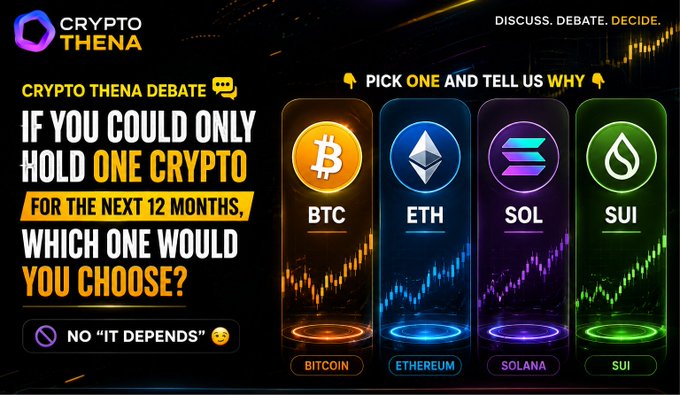 A 'Crypto Thena Debate' social media graphic asking users to pick one cryptocurrency to hold for 12 months from BTC (Bitcoin), ETH (Ethereum), SOL (Solana), or SUI, with a rule saying 'NO "IT DEPENDS"'.
