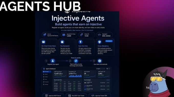 The image features a cartoon character wearing a red helmet, standing next to a purple background with the text "Agents Hub" written above it. Below this, there are several bullet points explaining what an agentic hub is and how it can be used by builders to generate income from agents onchain. The main focus of the image is the character's presence in front of the text, which helps draw attention to the content displayed below.