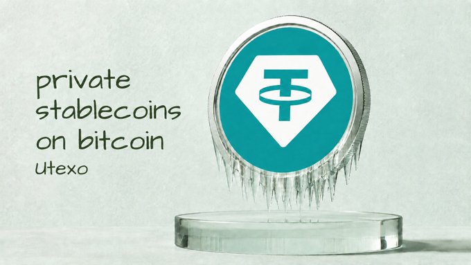 An advertisement for Utexo showing a Tether (USDT) coin encased in ice with icicles, with text reading "private stablecoins on bitcoin."