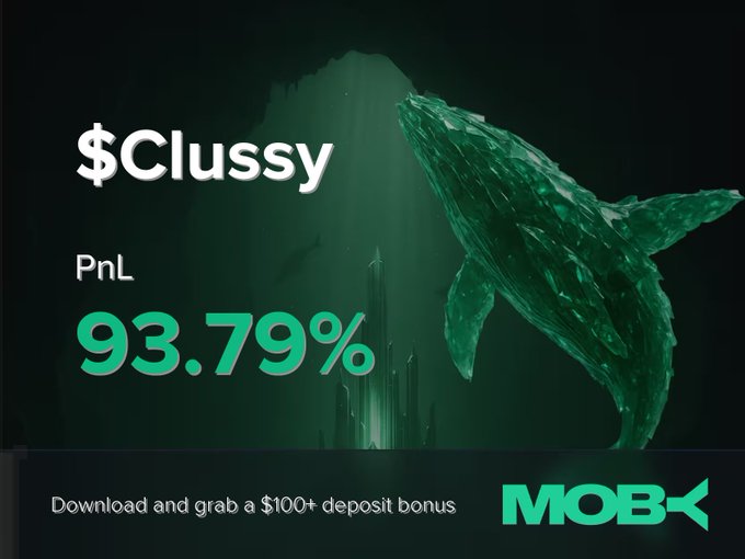 A promotional graphic for Moby Mobile featuring a green whale design, showcasing "$Clussy" with a highlighted PnL of 93.79% and a call-to-action offering a $100+ deposit bonus for downloading the app, aligning with the post celebrating a trader's profitable position close.