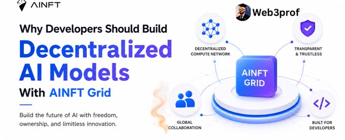 An advertisement banner with the AINFT and Web3prof logos promoting 'Why Developers Should Build Decentralized AI Models With AINFT Grid,' featuring icons for Decentralized Compute Network, Transparent & Trustless, Global Collaboration, and Built for Developers.