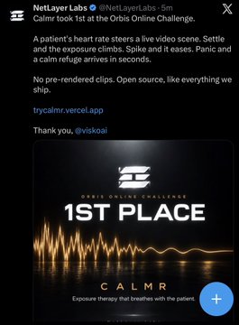 A social media announcement by NetLayer Labs celebrating their product "Calmr" winning 1st place (and $4,000) at the @viskoai Orbit Online Challenge, featuring a dark graphic with the text "ORBIT ONLINE CHALLENGE" and "1ST PLACE CALMR" overlaid on a glowing orange heartbeat waveform.