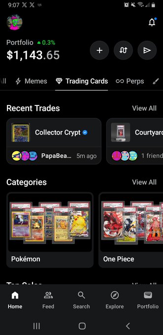 A mobile app screenshot shows a trading card portfolio valued at $1,143.65 with sections for Recent Trades including 'Collector Crypt' and 'PapaBea', and categories for Pokémon and One Piece cards.